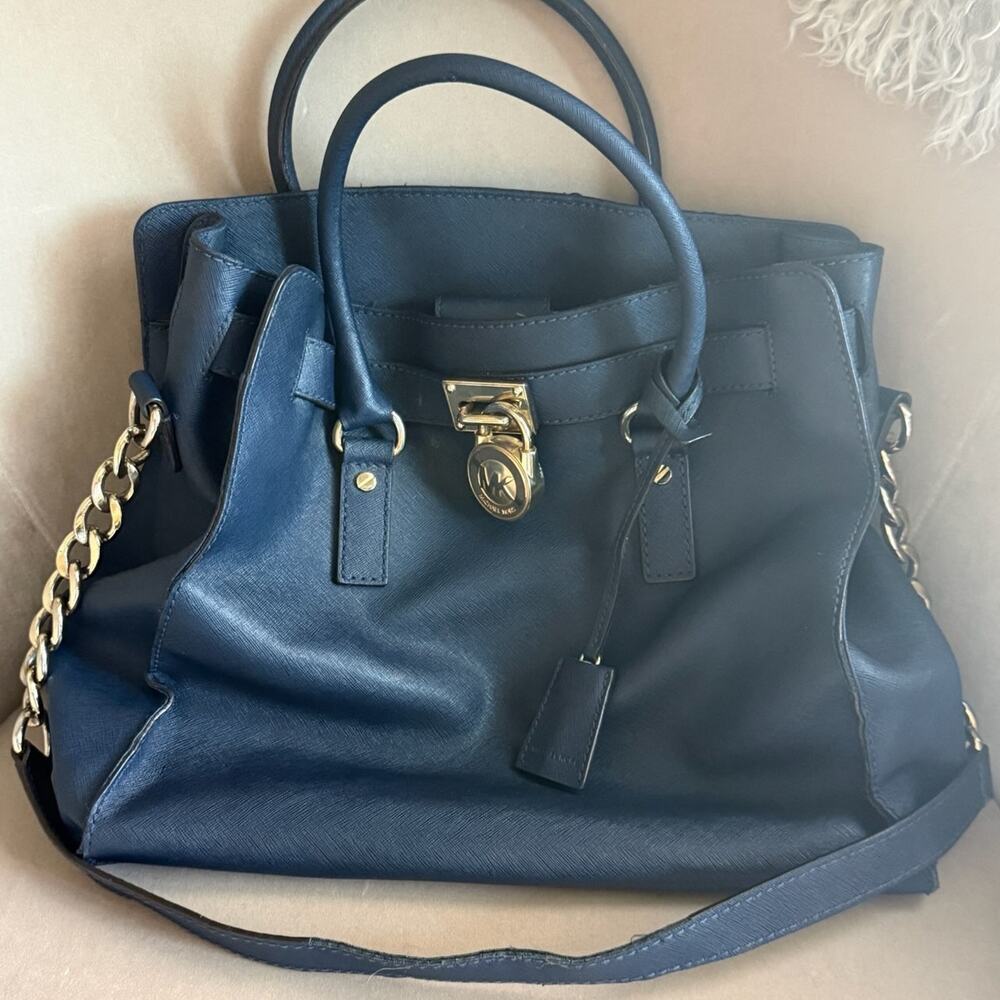 Michael Kors Large Hamilton Tote Bag|Blue Saffiano Leather W/ Goldtone Hardware